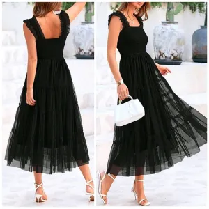 New Chic Tiered Tulle Mesh Midi Cami Dress Black