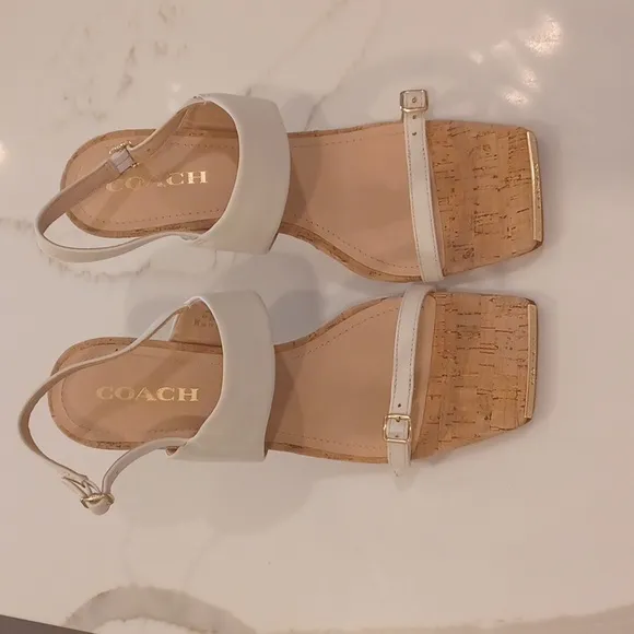 NEW Coach KIT Cream Color  Leather Cork High Heel Sandals SZ 10