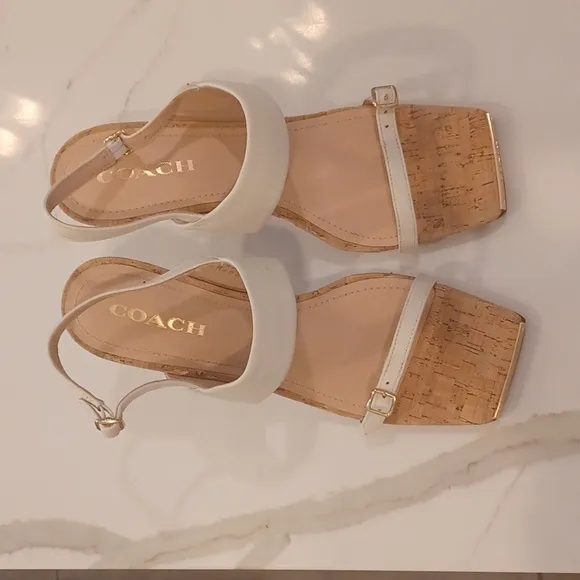 NEW Coach KIT Cream Color  Leather Cork High Heel Sandals SZ 10