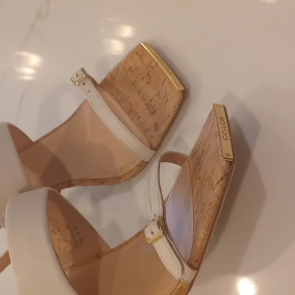 NEW Coach KIT Cream Color  Leather Cork High Heel Sandals SZ 10