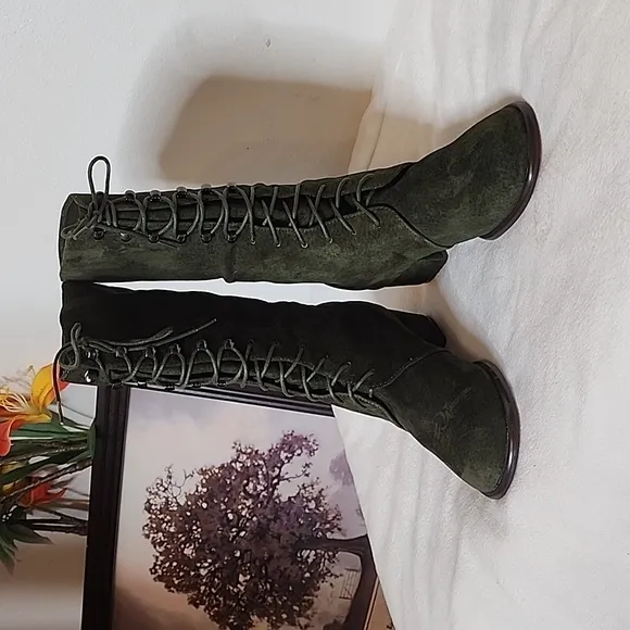 NEW Colin Stuart Victoria Secret Green Lace Up Moto Combat Boots Bohemian