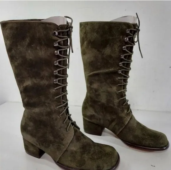 NEW Colin Stuart Victoria Secret Green Lace Up Moto Combat Boots Bohemian