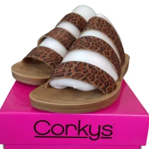 New Corky's Dafne Brown Black Tan Leopard Triple Strap Sandals Slides 8 M