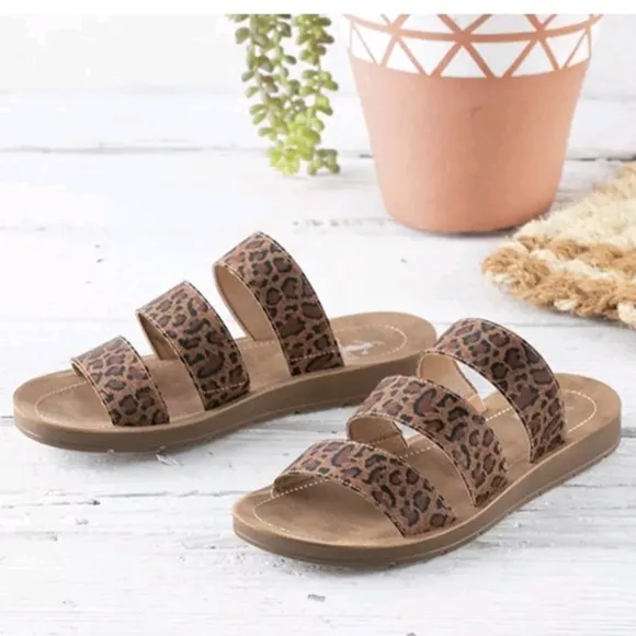 New Corky's Dafne Brown Black Tan Leopard Triple Strap Sandals Slides 8 M