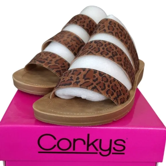 New Corky's Dafne Brown Black Tan Leopard Triple Strap Sandals Slides 8 M