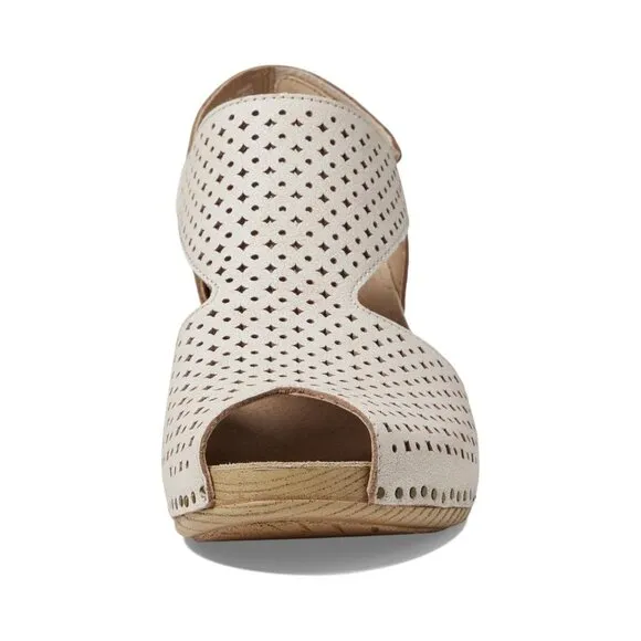NEW Dansko Teagan Perforated Leather Peep Toe Heeled Sandal in Vintage White