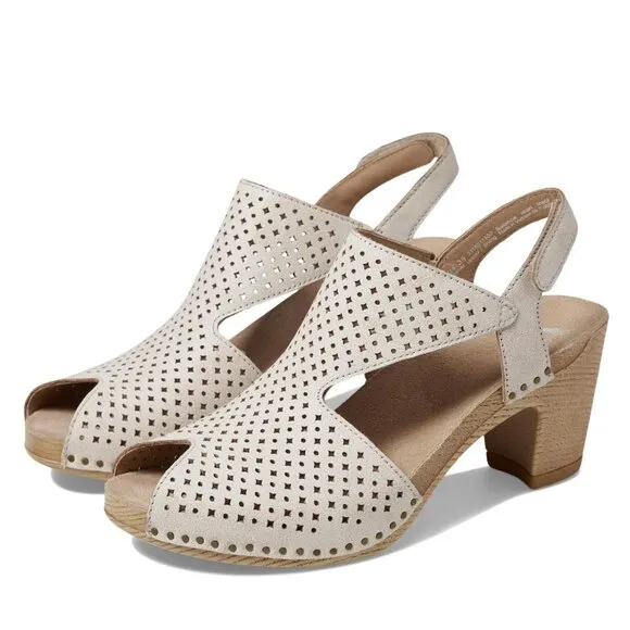 NEW Dansko Teagan Perforated Leather Peep Toe Heeled Sandal in Vintage White