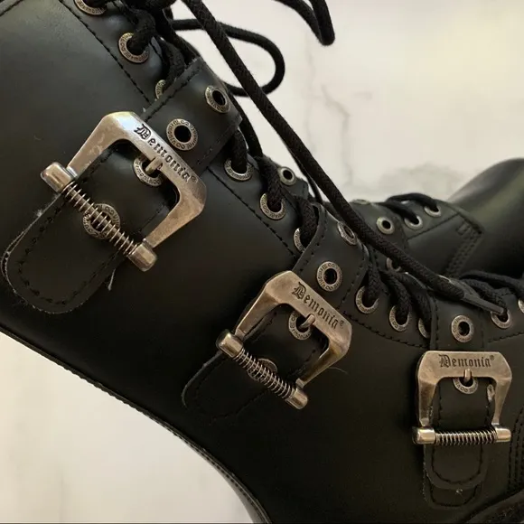 NEW Demonia Bolt 330 Faux Vegan leather edgy goth style buckle boots Siz…