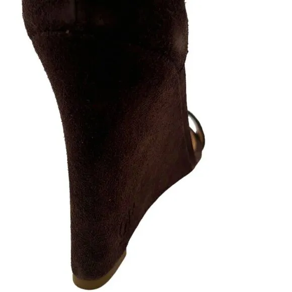 New DSQUARED2 Women Brown Suede High Heels Tassel T-Strap Wedge Sandals US 10