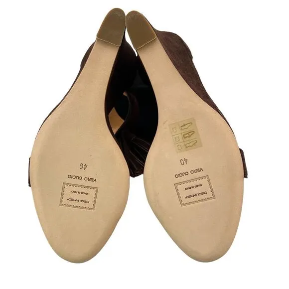 New DSQUARED2 Women Brown Suede High Heels Tassel T-Strap Wedge Sandals US 10