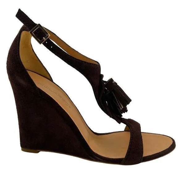 New DSQUARED2 Women Brown Suede High Heels Tassel T-Strap Wedge Sandals US 10