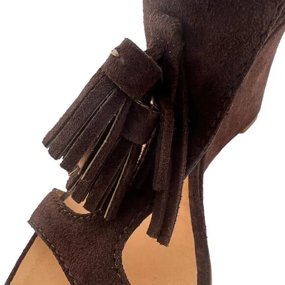 New DSQUARED2 Women Brown Suede High Heels Tassel T-Strap Wedge Sandals US 10