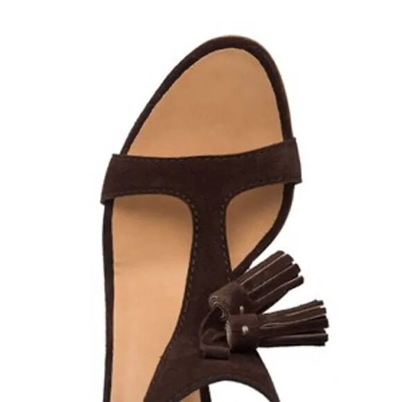 New DSQUARED2 Women Brown Suede High Heels Tassel T-Strap Wedge Sandals US 10