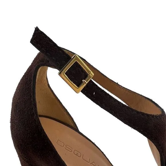 New DSQUARED2 Women Brown Suede High Heels Tassel T-Strap Wedge Sandals US 10