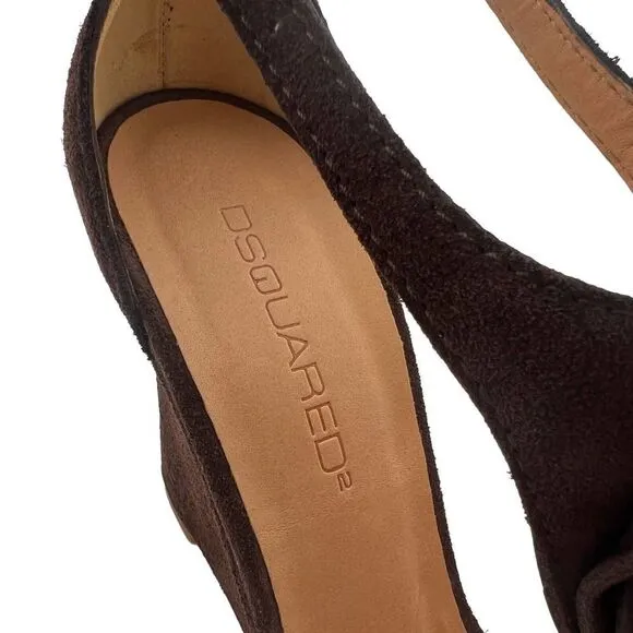 New DSQUARED2 Women Brown Suede High Heels Tassel T-Strap Wedge Sandals US 10