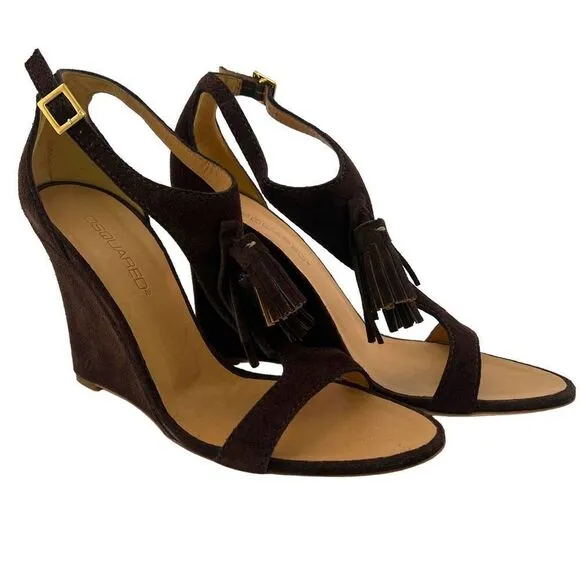 New DSQUARED2 Women Brown Suede High Heels Tassel T-Strap Wedge Sandals US 10