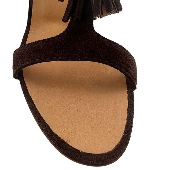 New DSQUARED2 Women Brown Suede High Heels Tassel T-Strap Wedge Sandals US 10