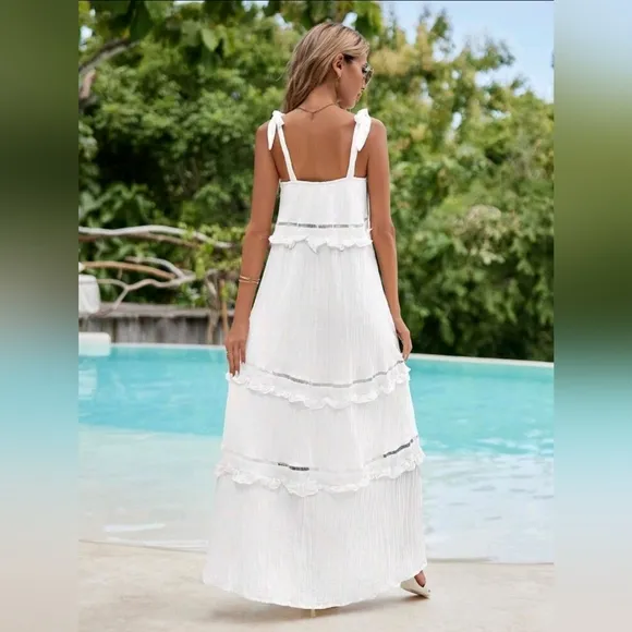 New Flowy Boho Tiered Ruffle Button Trim Maxi Dress White