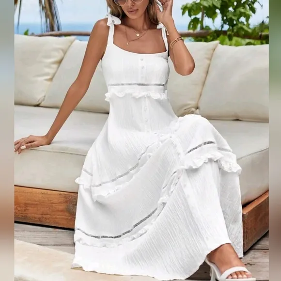 New Flowy Boho Tiered Ruffle Button Trim Maxi Dress White