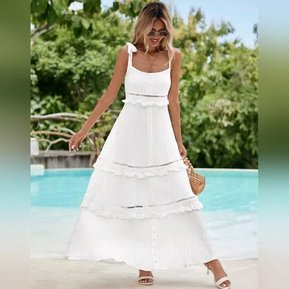 New Flowy Boho Tiered Ruffle Button Trim Maxi Dress White
