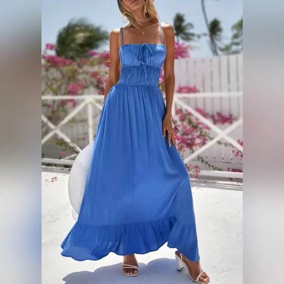 New Flowy Ruched Tie Backless Ruffle Maxi Dress Blue