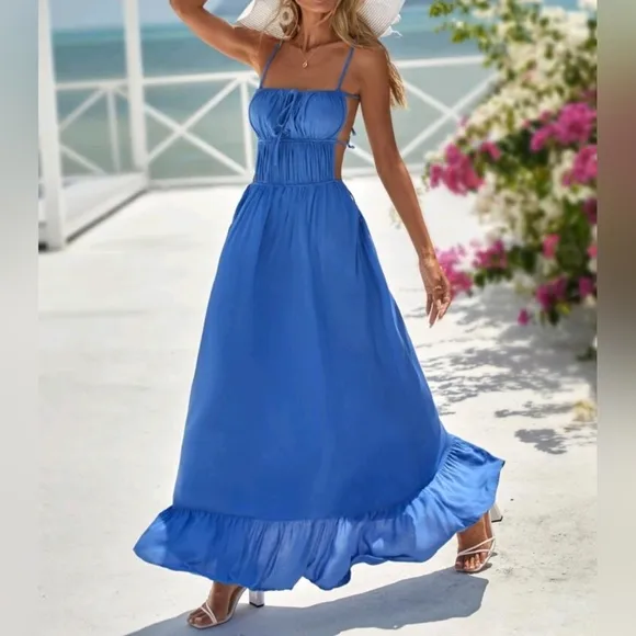 New Flowy Ruched Tie Backless Ruffle Maxi Dress Blue