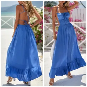 New Flowy Ruched Tie Backless Ruffle Maxi Dress Blue