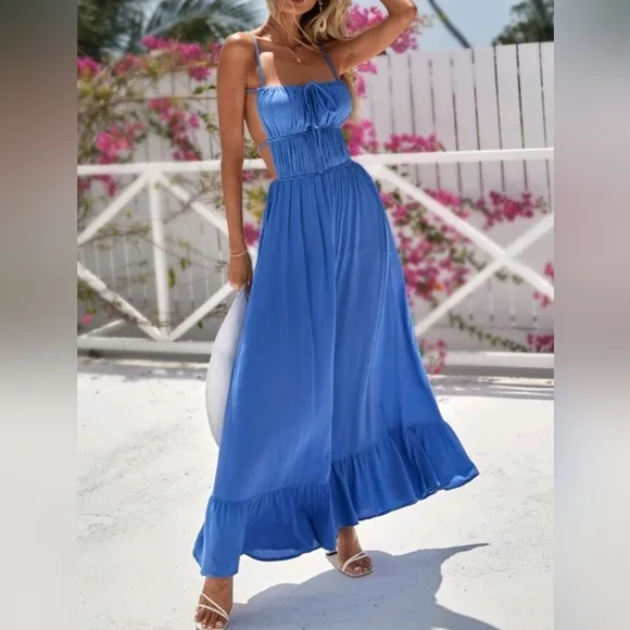 New Flowy Ruched Tie Backless Ruffle Maxi Dress Blue