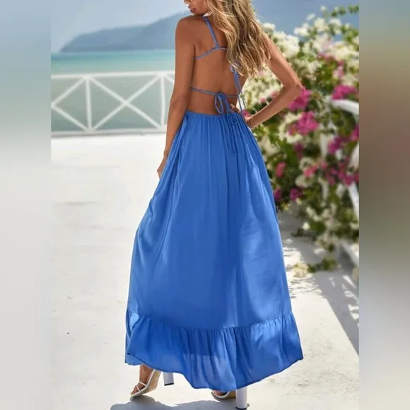 New Flowy Ruched Tie Backless Ruffle Maxi Dress Blue