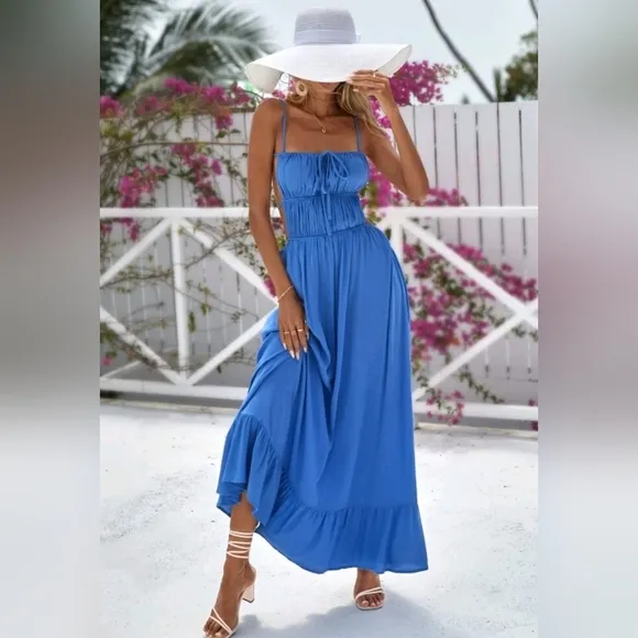 New Flowy Ruched Tie Backless Ruffle Maxi Dress Blue