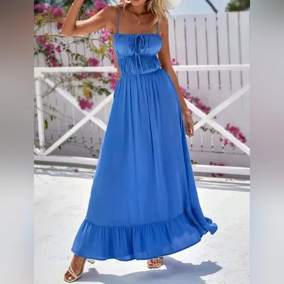 New Flowy Ruched Tie Backless Ruffle Maxi Dress Blue
