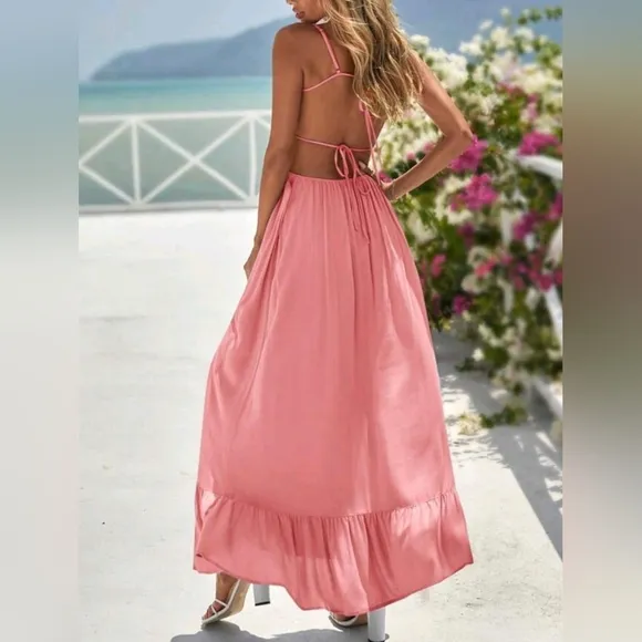 New Flowy Ruched Tie Backless Ruffle Maxi Dress Pink