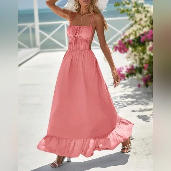 New Flowy Ruched Tie Backless Ruffle Maxi Dress Pink