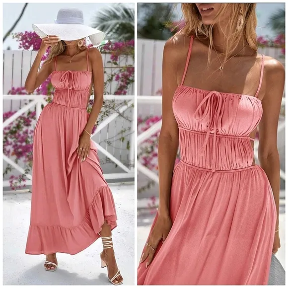 New Flowy Ruched Tie Backless Ruffle Maxi Dress Pink
