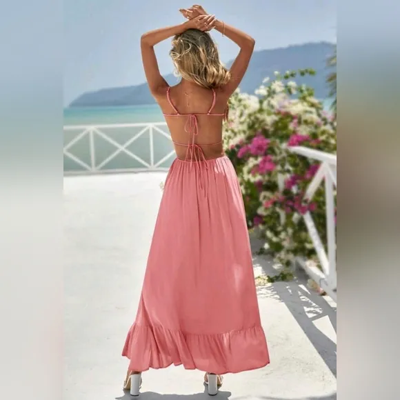 New Flowy Ruched Tie Backless Ruffle Maxi Dress Pink