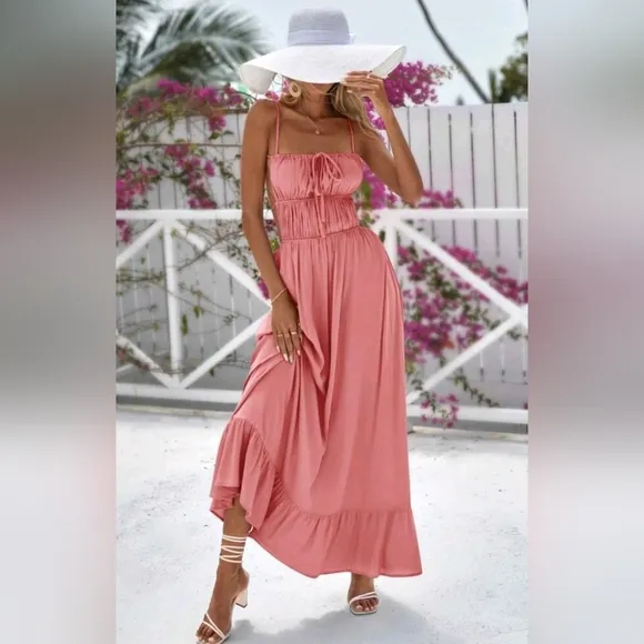 New Flowy Ruched Tie Backless Ruffle Maxi Dress Pink