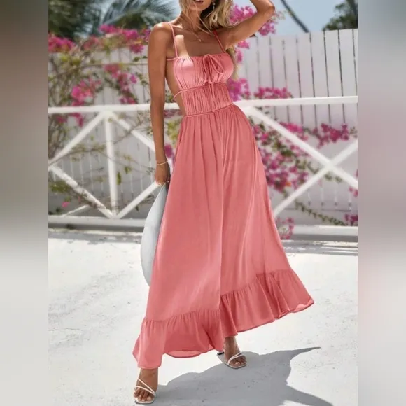 New Flowy Ruched Tie Backless Ruffle Maxi Dress Pink