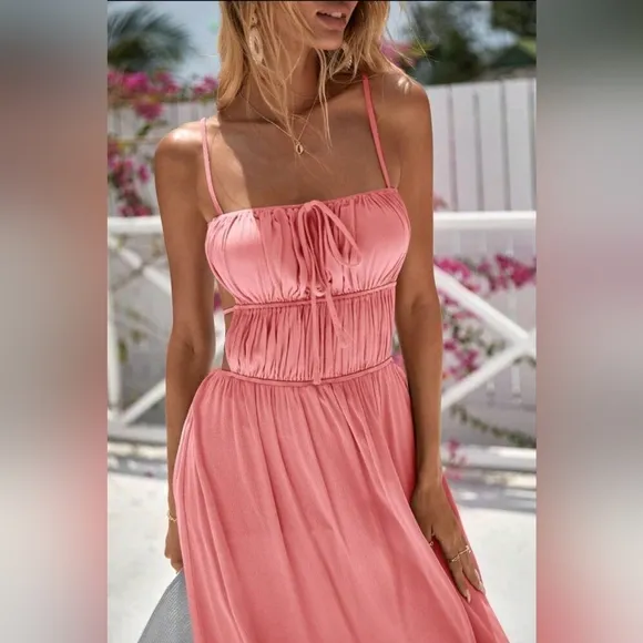 New Flowy Ruched Tie Backless Ruffle Maxi Dress Pink