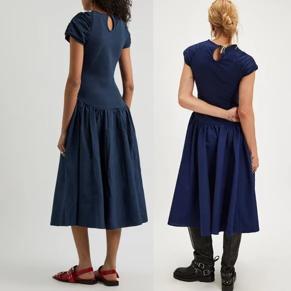 NEW Free People Afternoon Elegance Midi Dress Indigo Blue Large Fairy Dainty