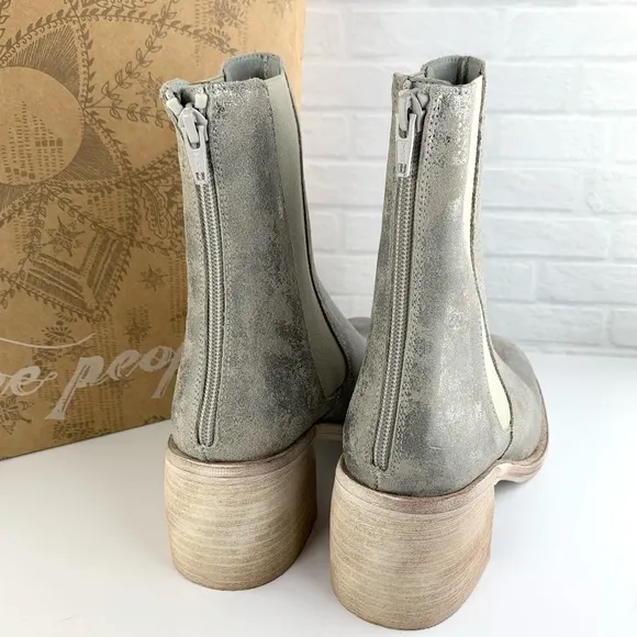 NEW! Free People Essential Chelsea Boots Block Heel Silver Gunmetal EU 38 8 $198