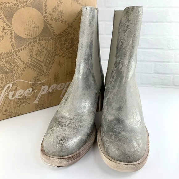 NEW! Free People Essential Chelsea Boots Block Heel Silver Gunmetal EU 38 8 $198