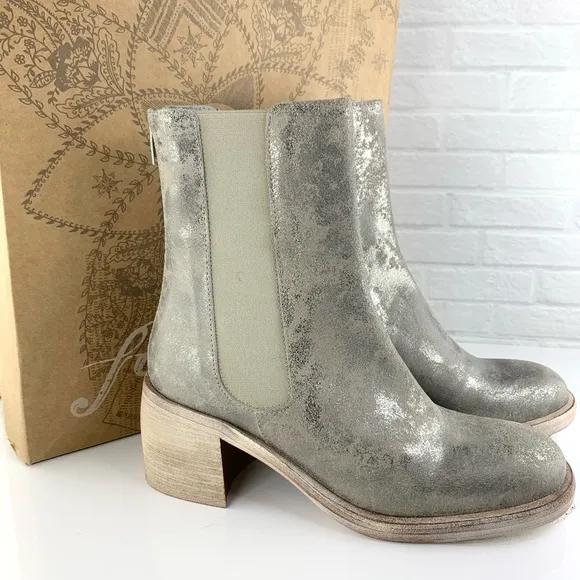 NEW! Free People Essential Chelsea Boots Block Heel Silver Gunmetal EU 38 8 $198