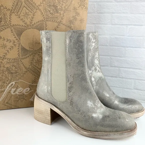 NEW! Free People Essential Chelsea Boots Block Heel Silver Gunmetal EU 38 8 $198