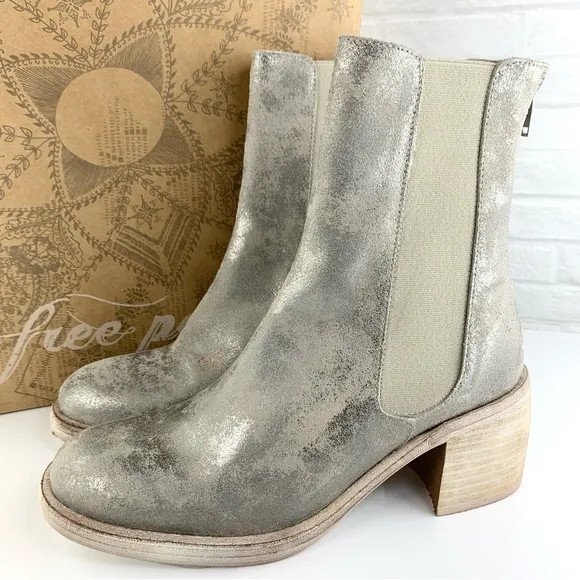NEW! Free People Essential Chelsea Boots Block Heel Silver Gunmetal EU 38 8 $198