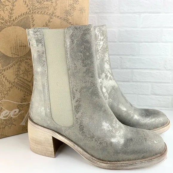 NEW! Free People Essential Chelsea Boots Block Heel Silver Gunmetal EU 38 8 $198