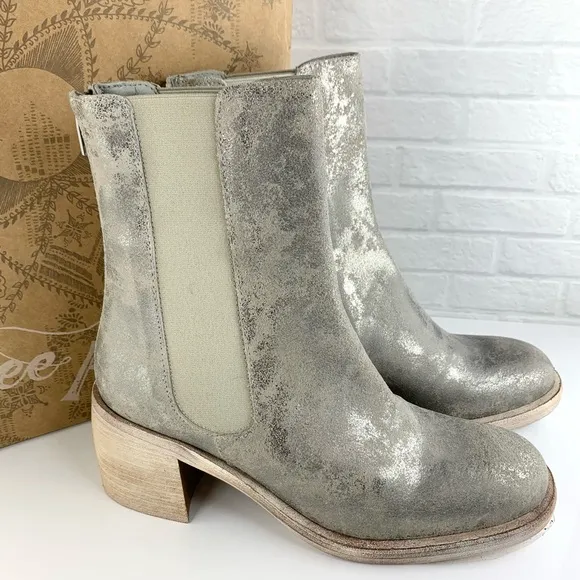 NEW! Free People Essential Chelsea Boots Block Heel Silver Gunmetal EU 38 8 $198
