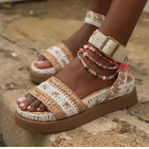 New Free People Raffia Woven Sandals in Tan and White Size 6