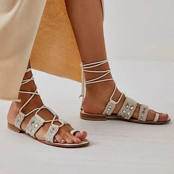 NEW Free People Sandals  GENUINE Leather Mirror Lace Up Flats 297R0