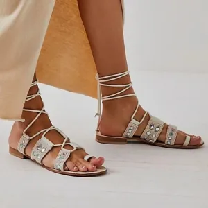 NEW Free People Sandals  GENUINE Leather Mirror Lace Up Flats 297R0
