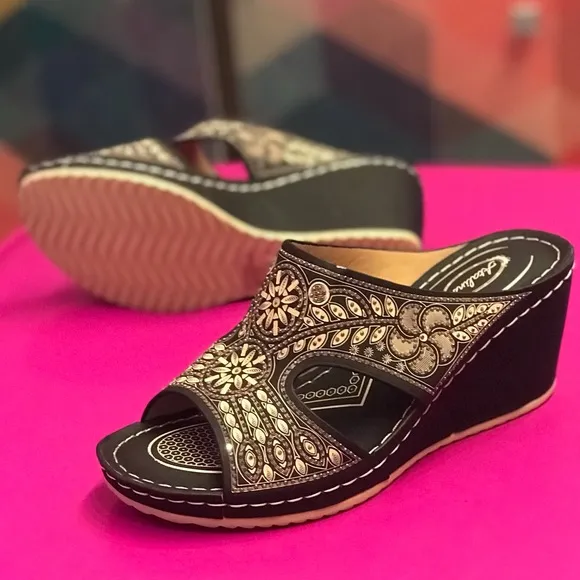 New! Italina Tan Brown Floral Embroidered Peep Toe Wedge Mule Sandals